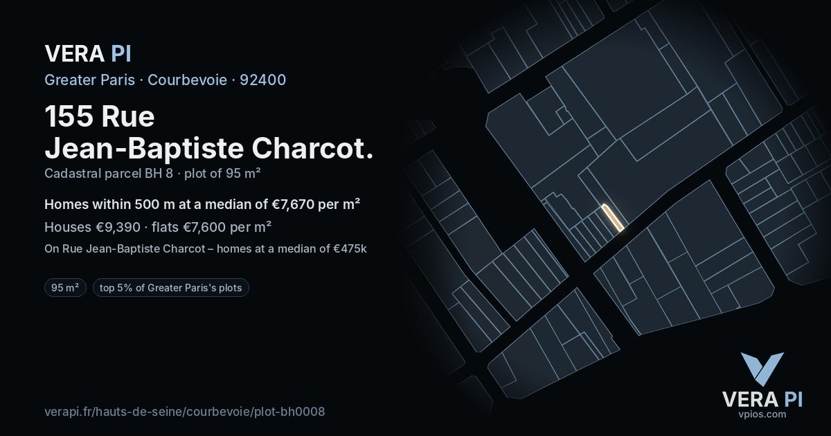 155 Rue Jean-Baptiste Charcot, Courbevoie at night – the plot lit, the parcels around coloured by the prices near them