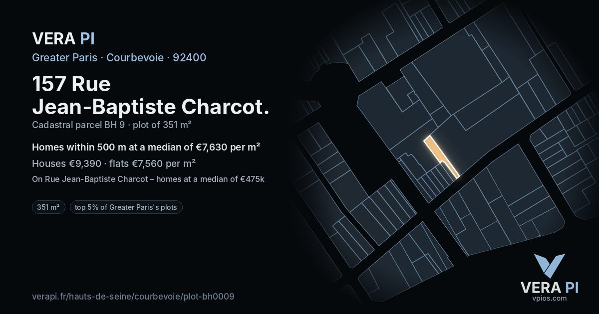 157 Rue Jean-Baptiste Charcot, Courbevoie at night – the plot lit, the parcels around coloured by the prices near them