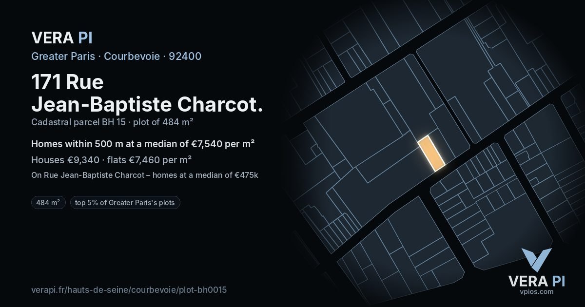 171 Rue Jean-Baptiste Charcot, Courbevoie at night – the plot lit, the parcels around coloured by the prices near them