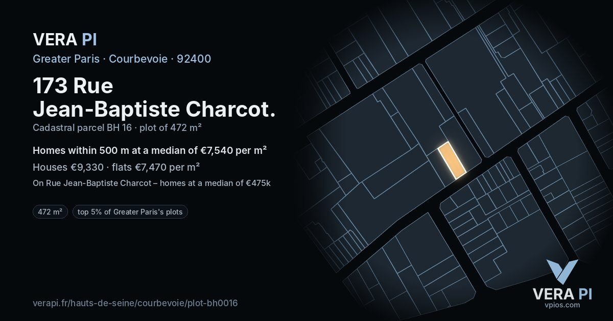 173 Rue Jean-Baptiste Charcot, Courbevoie at night – the plot lit, the parcels around coloured by the prices near them