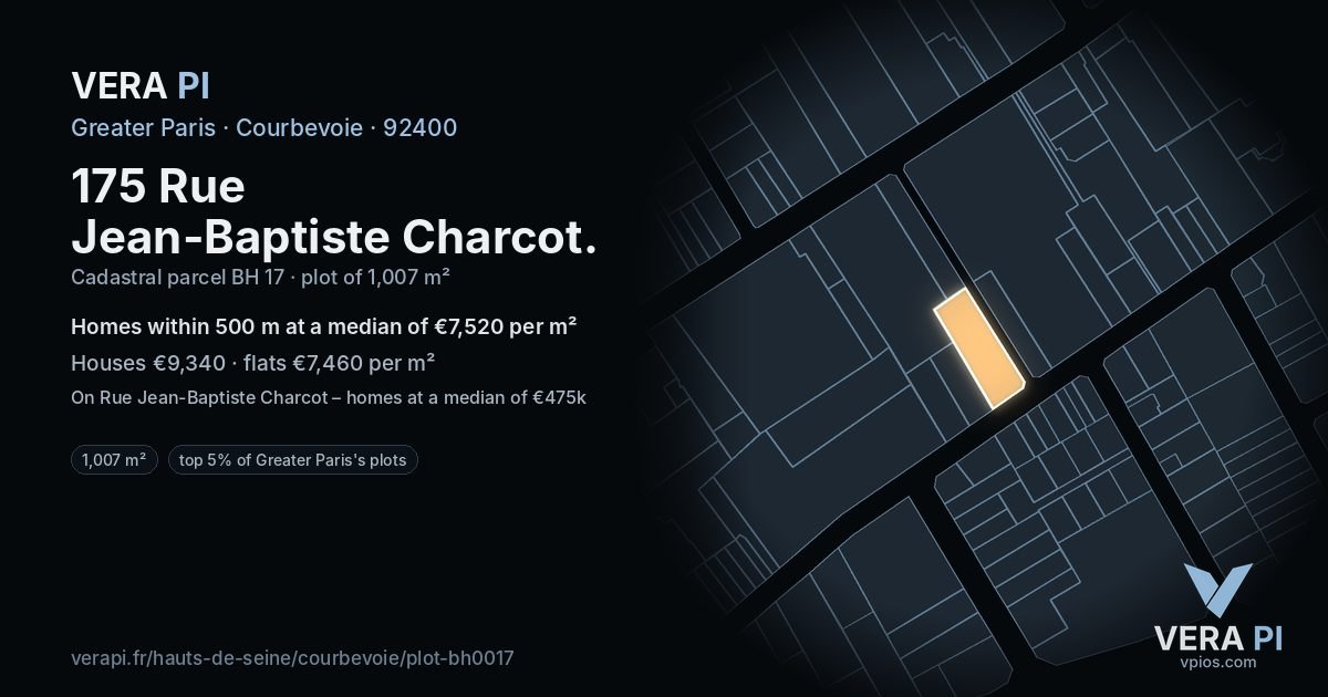175 Rue Jean-Baptiste Charcot, Courbevoie at night – the plot lit, the parcels around coloured by the prices near them