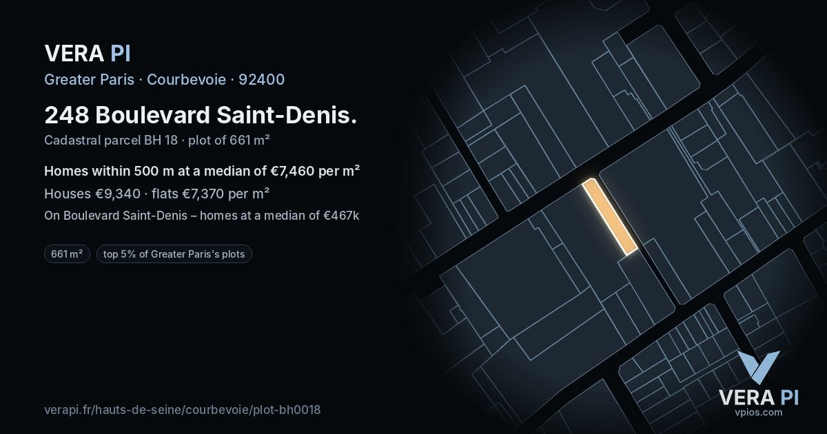 248 Boulevard Saint-Denis, Courbevoie at night – the plot lit, the parcels around coloured by the prices near them