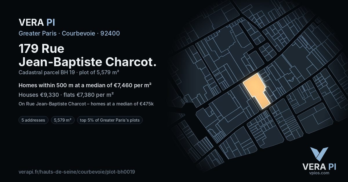 179 Rue Jean-Baptiste Charcot, Courbevoie at night – the plot lit, the parcels around coloured by the prices near them