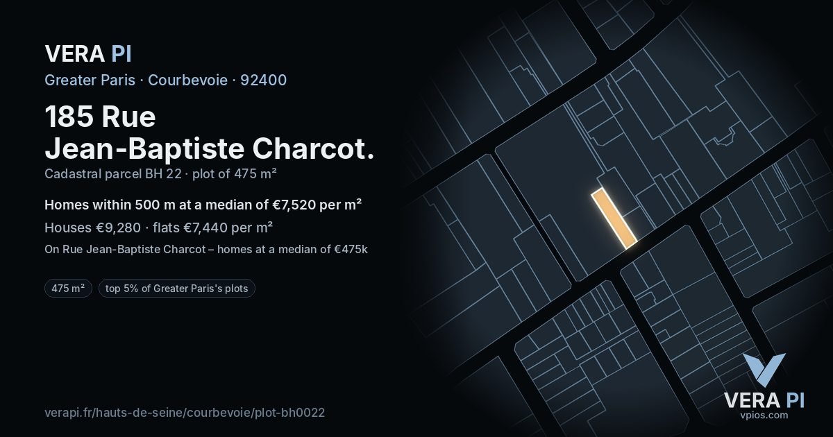 185 Rue Jean-Baptiste Charcot, Courbevoie at night – the plot lit, the parcels around coloured by the prices near them