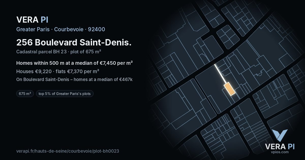 256 Boulevard Saint-Denis, Courbevoie at night – the plot lit, the parcels around coloured by the prices near them