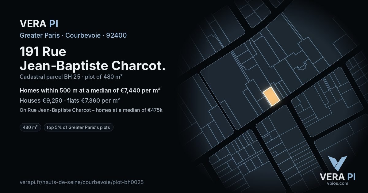 191 Rue Jean-Baptiste Charcot, Courbevoie at night – the plot lit, the parcels around coloured by the prices near them
