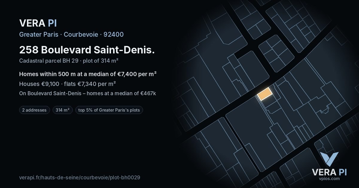 258 Boulevard Saint-Denis, Courbevoie at night – the plot lit, the parcels around coloured by the prices near them