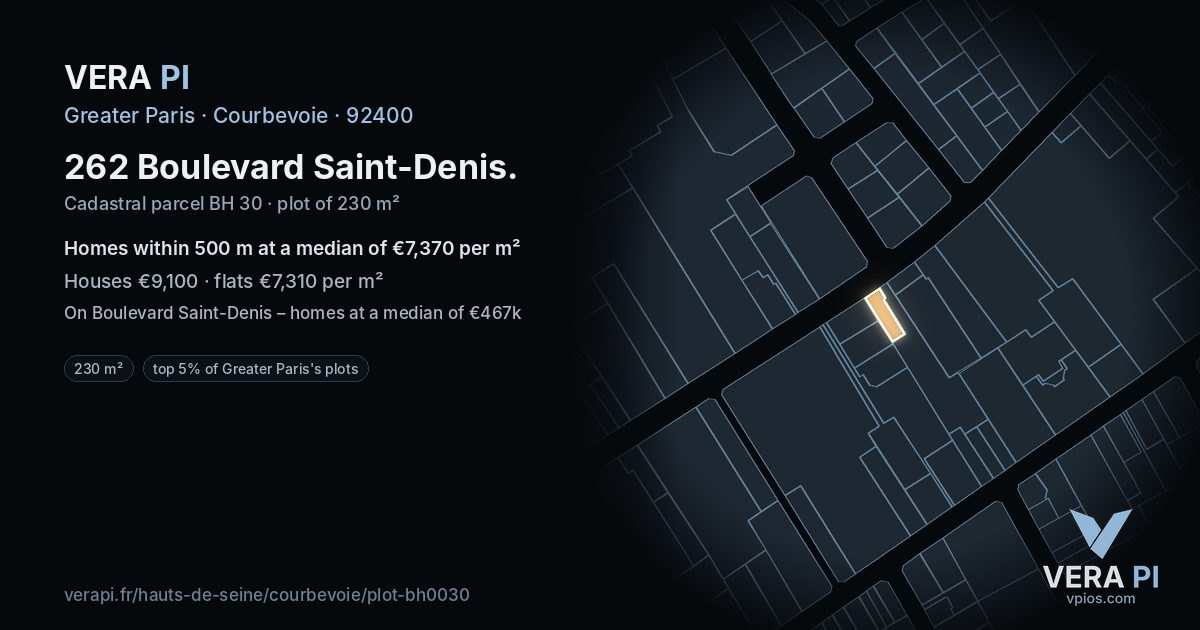 262 Boulevard Saint-Denis, Courbevoie at night – the plot lit, the parcels around coloured by the prices near them