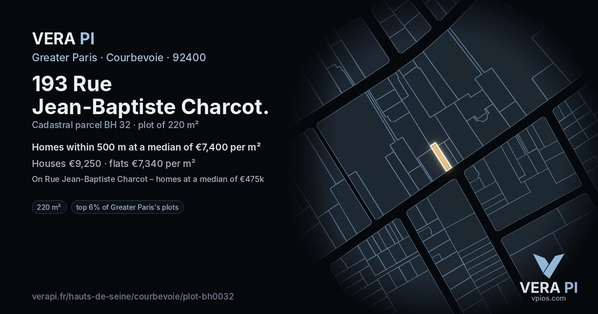 193 Rue Jean-Baptiste Charcot, Courbevoie at night – the plot lit, the parcels around coloured by the prices near them