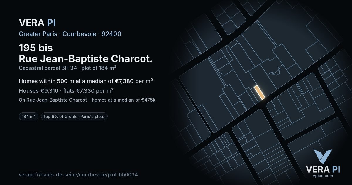 195 bis Rue Jean-Baptiste Charcot, Courbevoie at night – the plot lit, the parcels around coloured by the prices near them