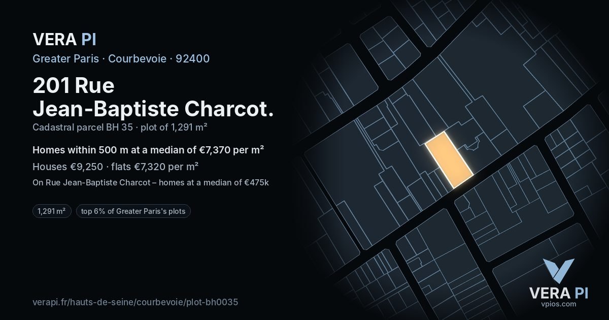 201 Rue Jean-Baptiste Charcot, Courbevoie at night – the plot lit, the parcels around coloured by the prices near them