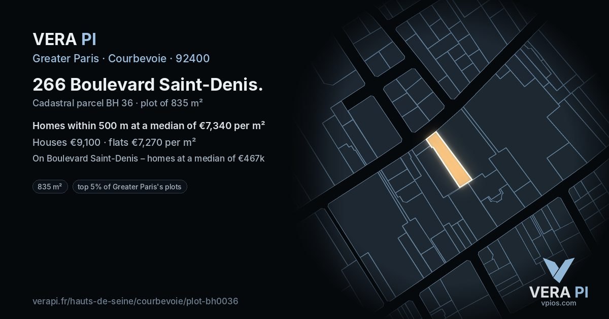266 Boulevard Saint-Denis, Courbevoie at night – the plot lit, the parcels around coloured by the prices near them