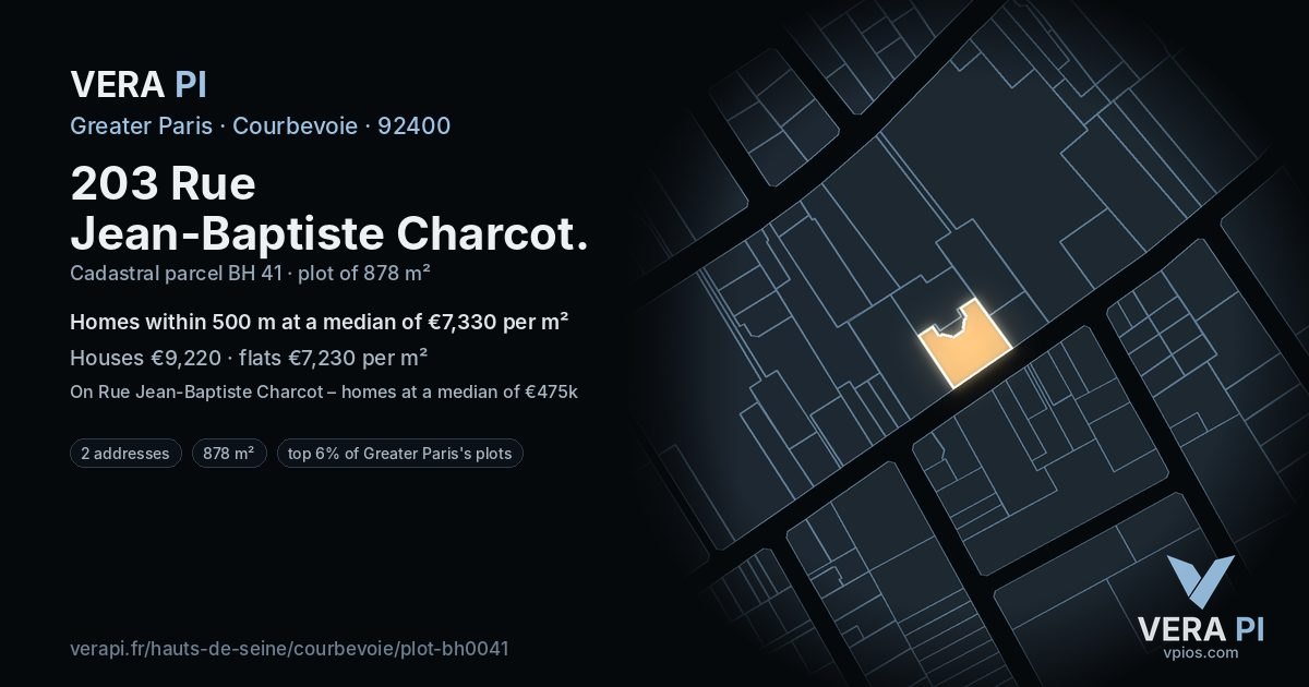 203 Rue Jean-Baptiste Charcot, Courbevoie at night – the plot lit, the parcels around coloured by the prices near them