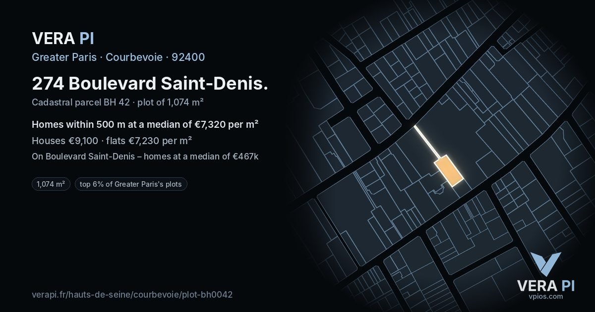 274 Boulevard Saint-Denis, Courbevoie at night – the plot lit, the parcels around coloured by the prices near them