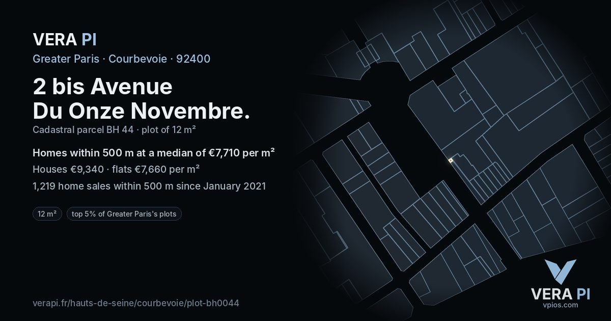 2 bis Avenue Du Onze Novembre, Courbevoie at night – the plot lit, the parcels around coloured by the prices near them