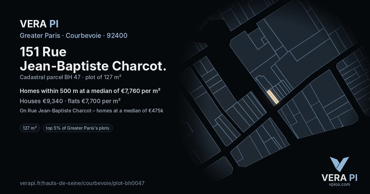 151 Rue Jean-Baptiste Charcot, Courbevoie at night – the plot lit, the parcels around coloured by the prices near them