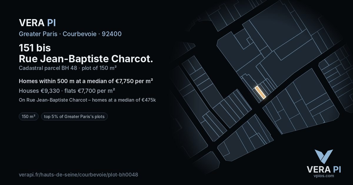 151 bis Rue Jean-Baptiste Charcot, Courbevoie at night – the plot lit, the parcels around coloured by the prices near them