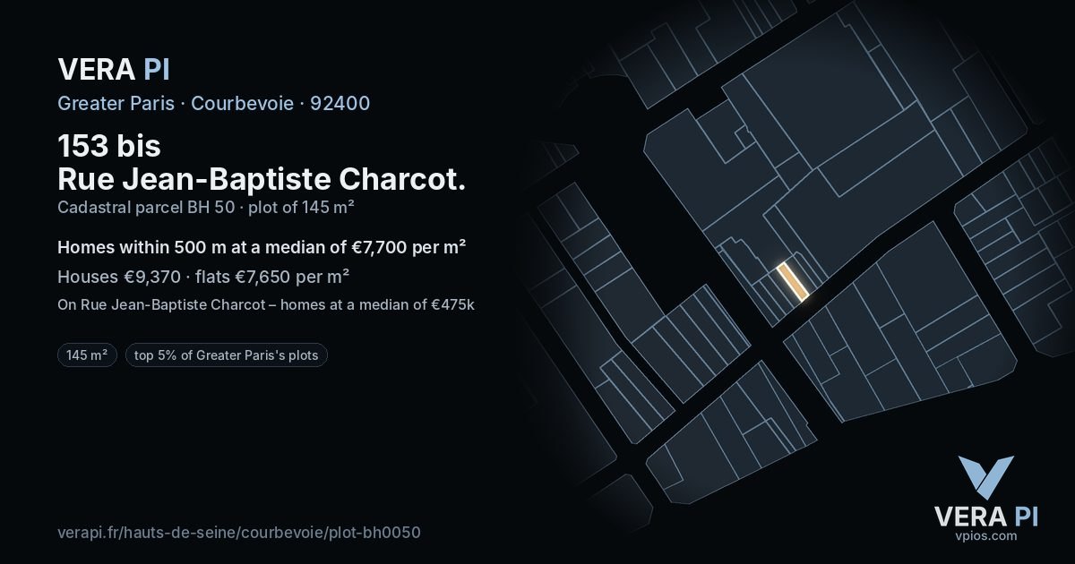 153 bis Rue Jean-Baptiste Charcot, Courbevoie at night – the plot lit, the parcels around coloured by the prices near them