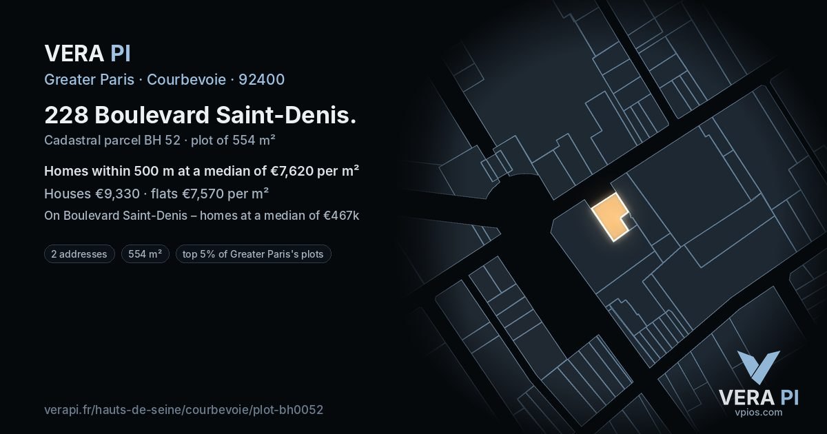228 Boulevard Saint-Denis, Courbevoie at night – the plot lit, the parcels around coloured by the prices near them