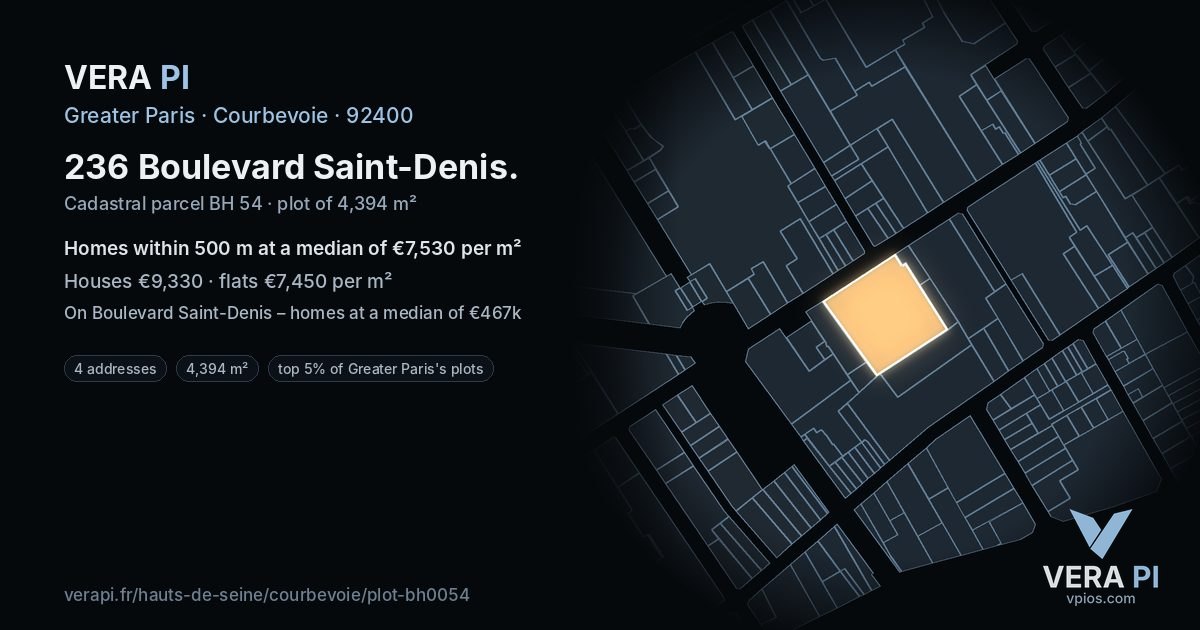 236 Boulevard Saint-Denis, Courbevoie at night – the plot lit, the parcels around coloured by the prices near them