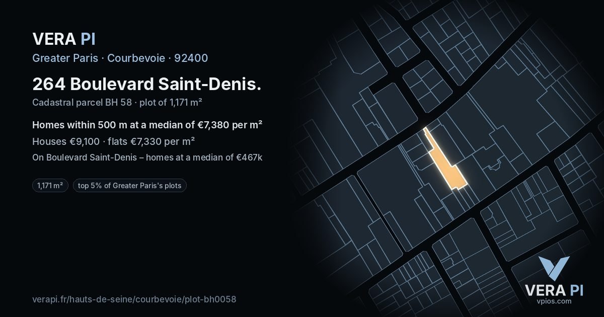 264 Boulevard Saint-Denis, Courbevoie at night – the plot lit, the parcels around coloured by the prices near them