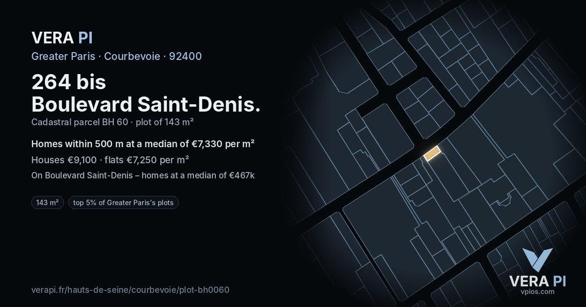 264 bis Boulevard Saint-Denis, Courbevoie at night – the plot lit, the parcels around coloured by the prices near them