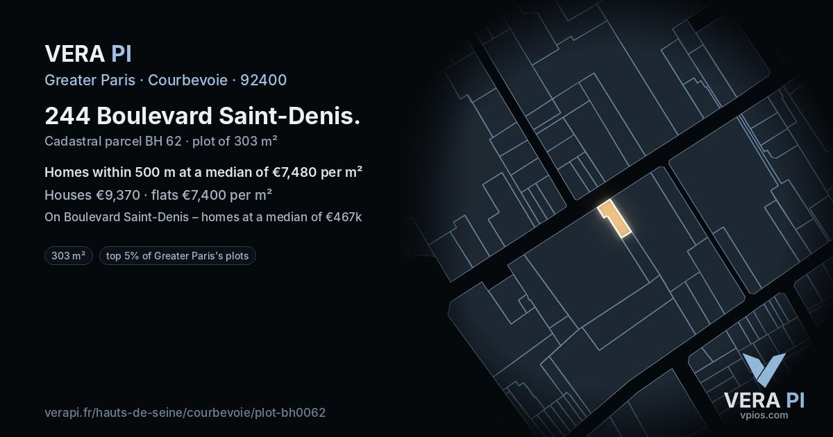 244 Boulevard Saint-Denis, Courbevoie at night – the plot lit, the parcels around coloured by the prices near them
