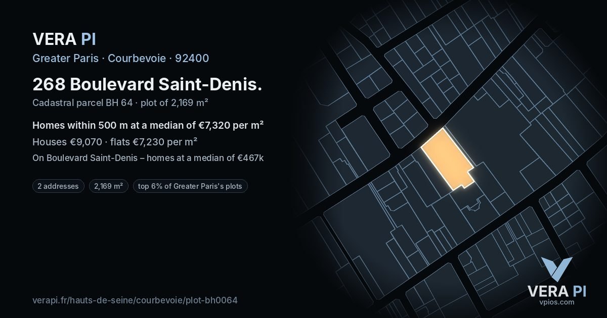 268 Boulevard Saint-Denis, Courbevoie at night – the plot lit, the parcels around coloured by the prices near them