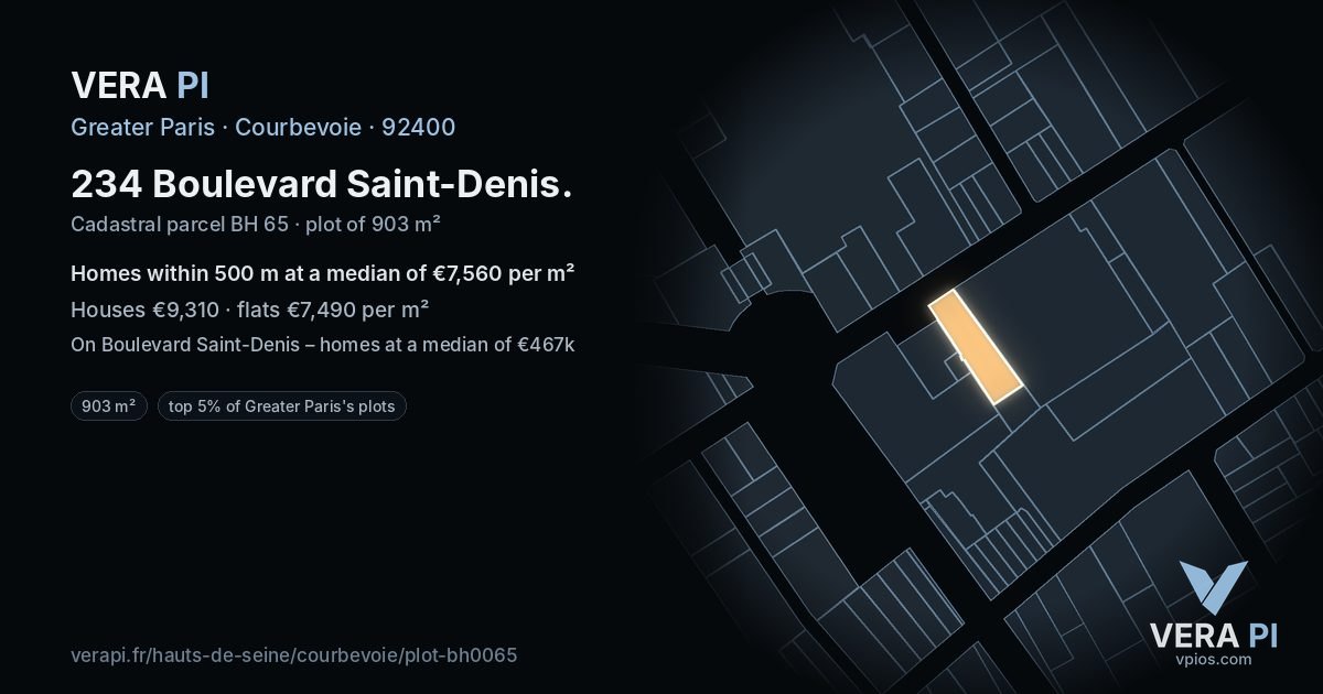 234 Boulevard Saint-Denis, Courbevoie at night – the plot lit, the parcels around coloured by the prices near them