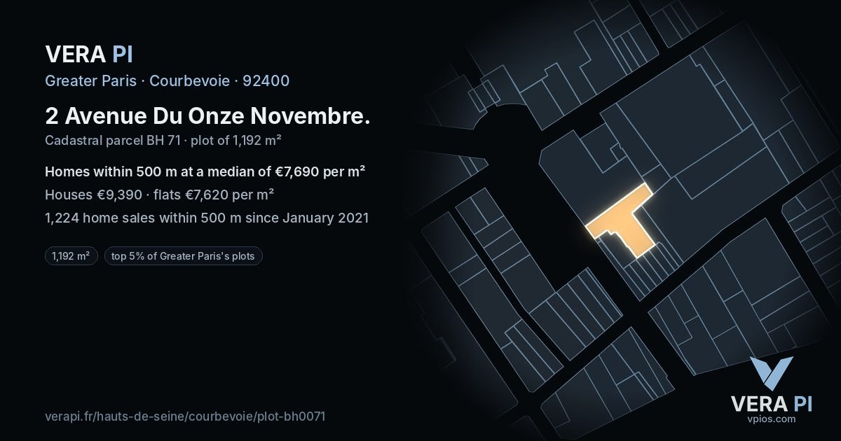 2 Avenue Du Onze Novembre, Courbevoie at night – the plot lit, the parcels around coloured by the prices near them