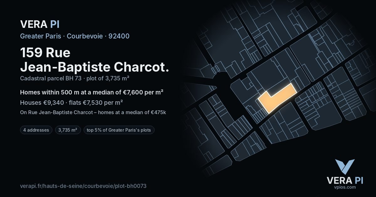 159 Rue Jean-Baptiste Charcot, Courbevoie at night – the plot lit, the parcels around coloured by the prices near them