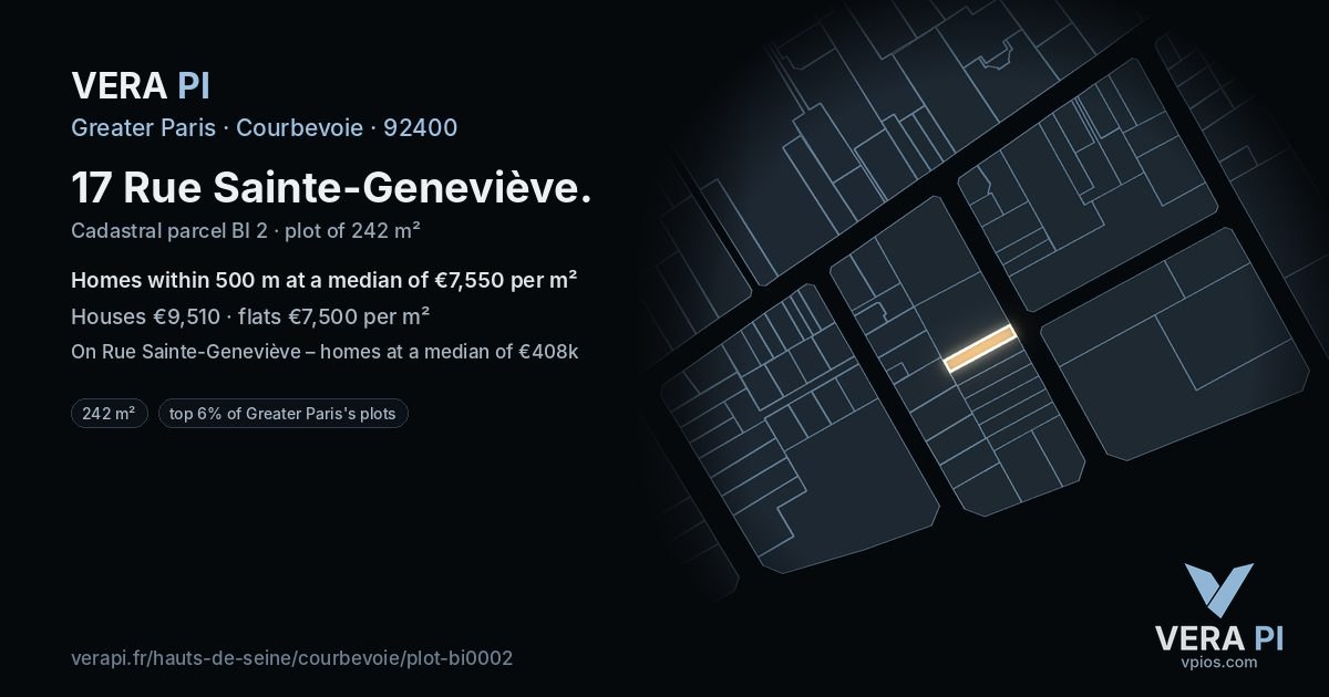 17 Rue Sainte-Geneviève, Courbevoie at night – the plot lit, the parcels around coloured by the prices near them