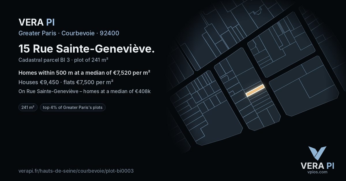 15 Rue Sainte-Geneviève, Courbevoie at night – the plot lit, the parcels around coloured by the prices near them