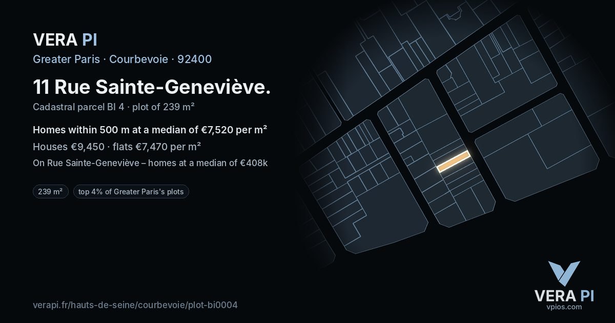 11 Rue Sainte-Geneviève, Courbevoie at night – the plot lit, the parcels around coloured by the prices near them