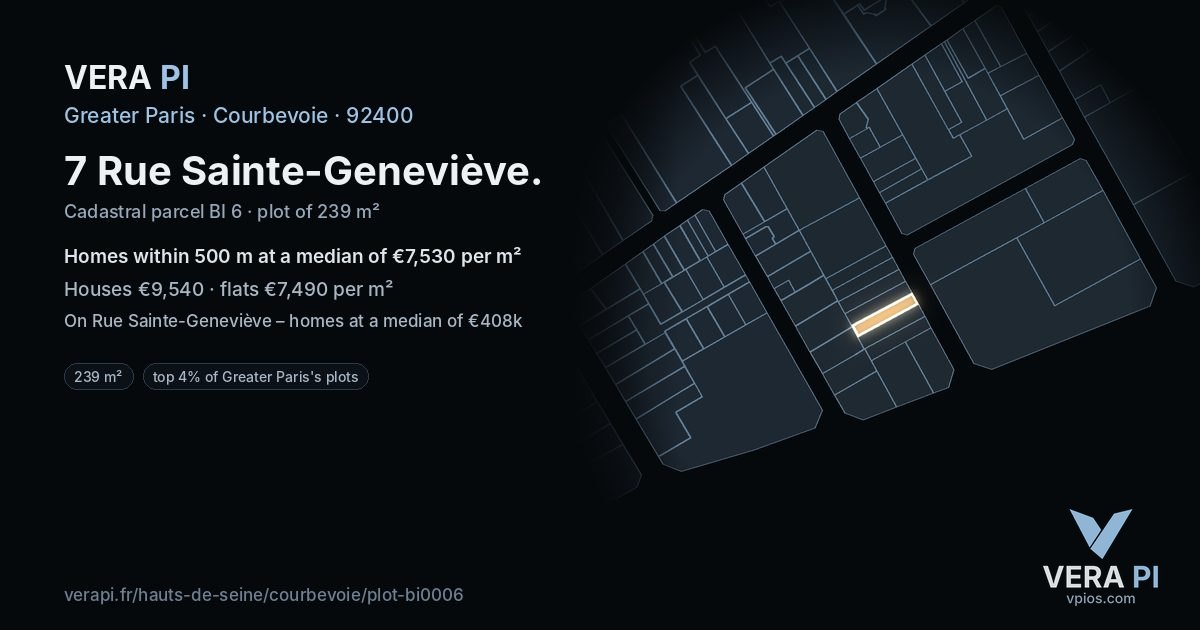 7 Rue Sainte-Geneviève, Courbevoie at night – the plot lit, the parcels around coloured by the prices near them