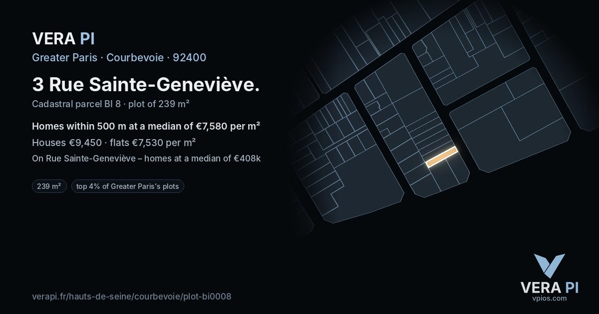 3 Rue Sainte-Geneviève, Courbevoie at night – the plot lit, the parcels around coloured by the prices near them