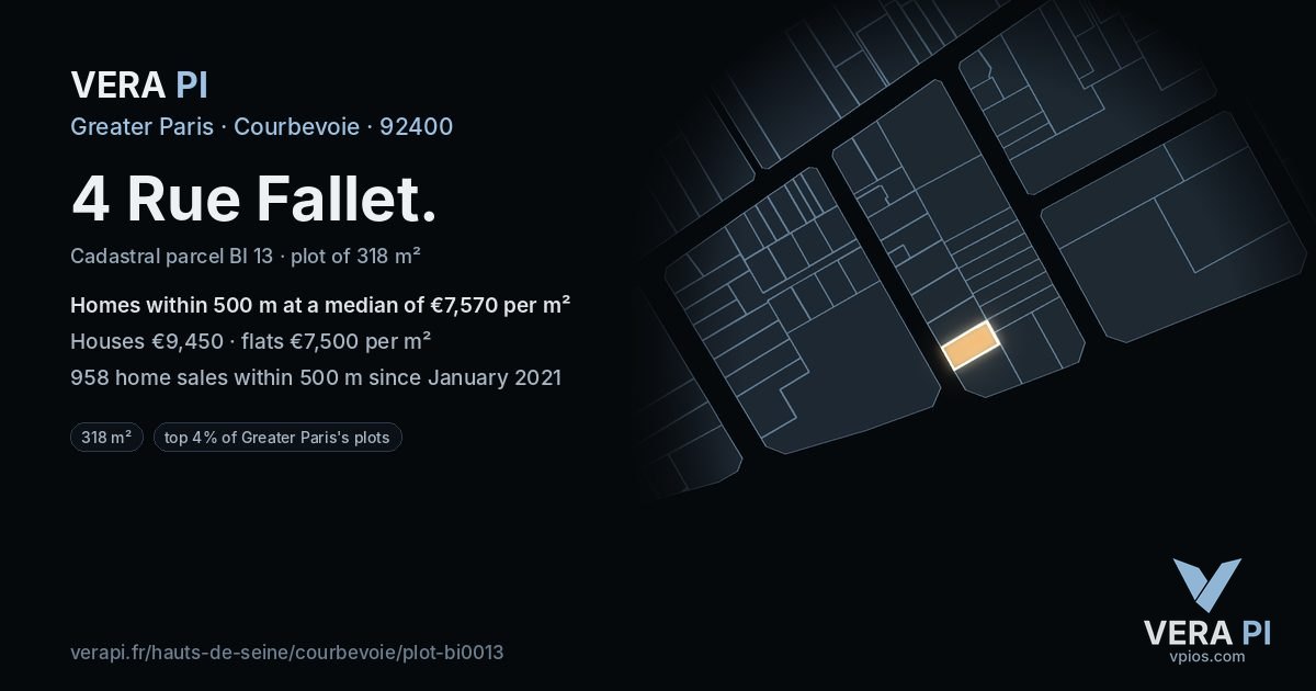 4 Rue Fallet, Courbevoie at night – the plot lit, the parcels around coloured by the prices near them