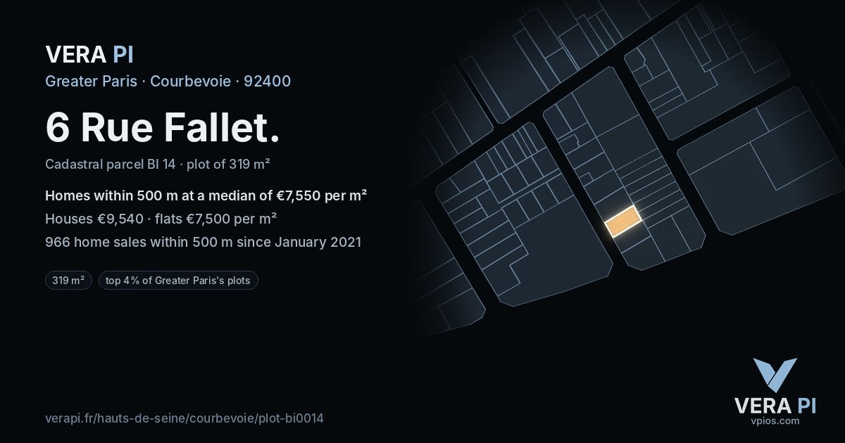 6 Rue Fallet, Courbevoie at night – the plot lit, the parcels around coloured by the prices near them