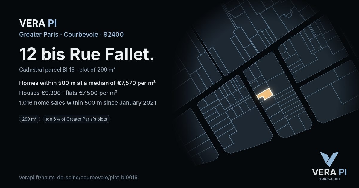 12 bis Rue Fallet, Courbevoie at night – the plot lit, the parcels around coloured by the prices near them