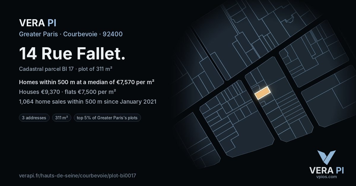 14 Rue Fallet, Courbevoie at night – the plot lit, the parcels around coloured by the prices near them