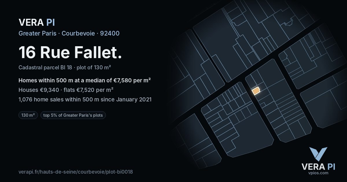 16 Rue Fallet, Courbevoie at night – the plot lit, the parcels around coloured by the prices near them