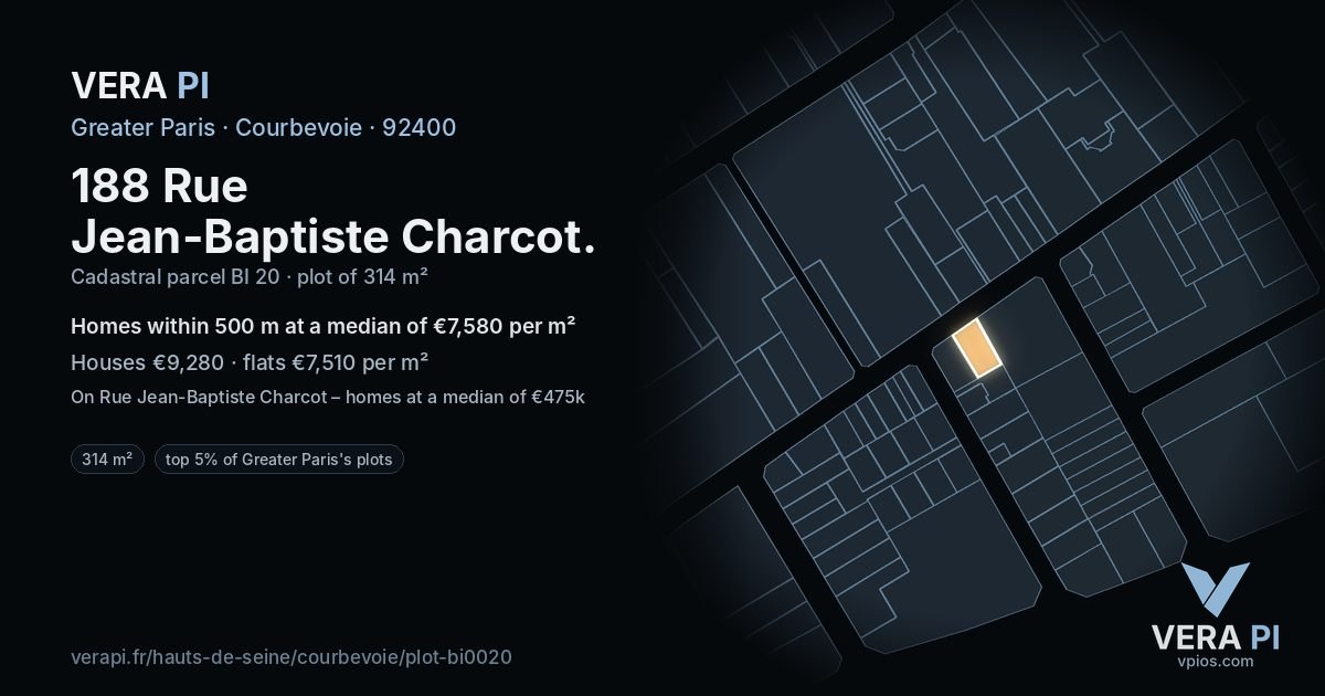 188 Rue Jean-Baptiste Charcot, Courbevoie at night – the plot lit, the parcels around coloured by the prices near them