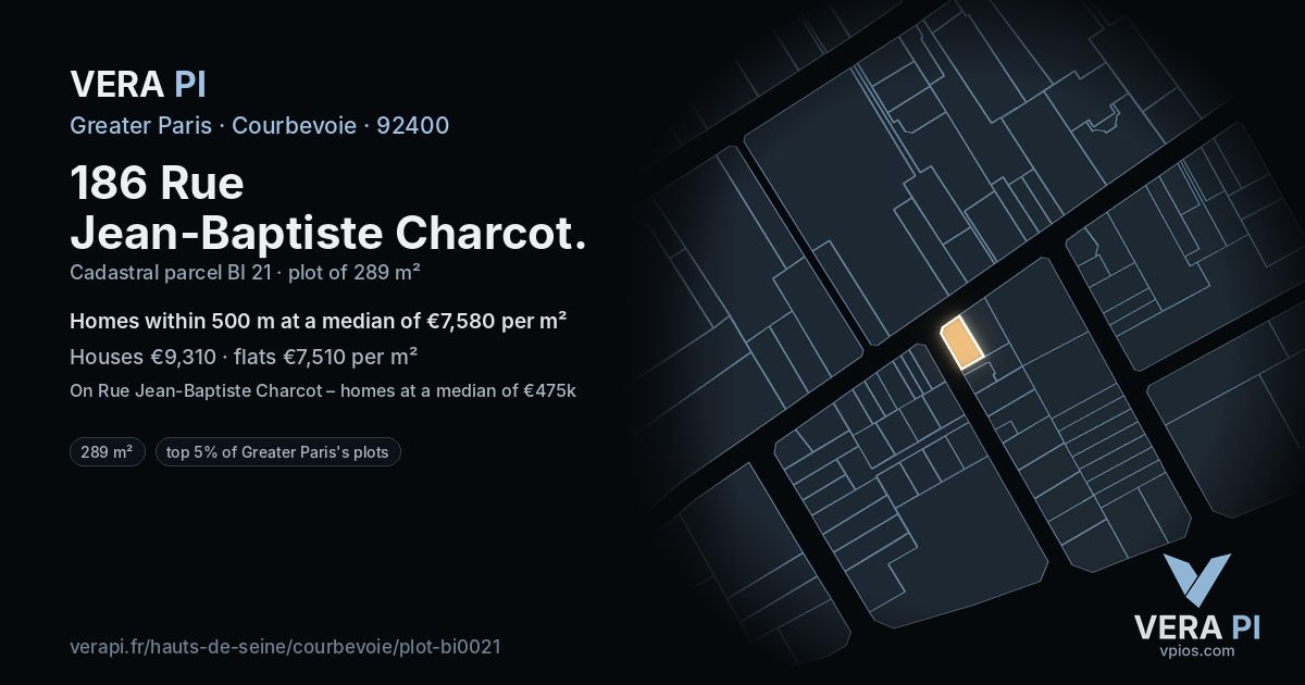 186 Rue Jean-Baptiste Charcot, Courbevoie at night – the plot lit, the parcels around coloured by the prices near them