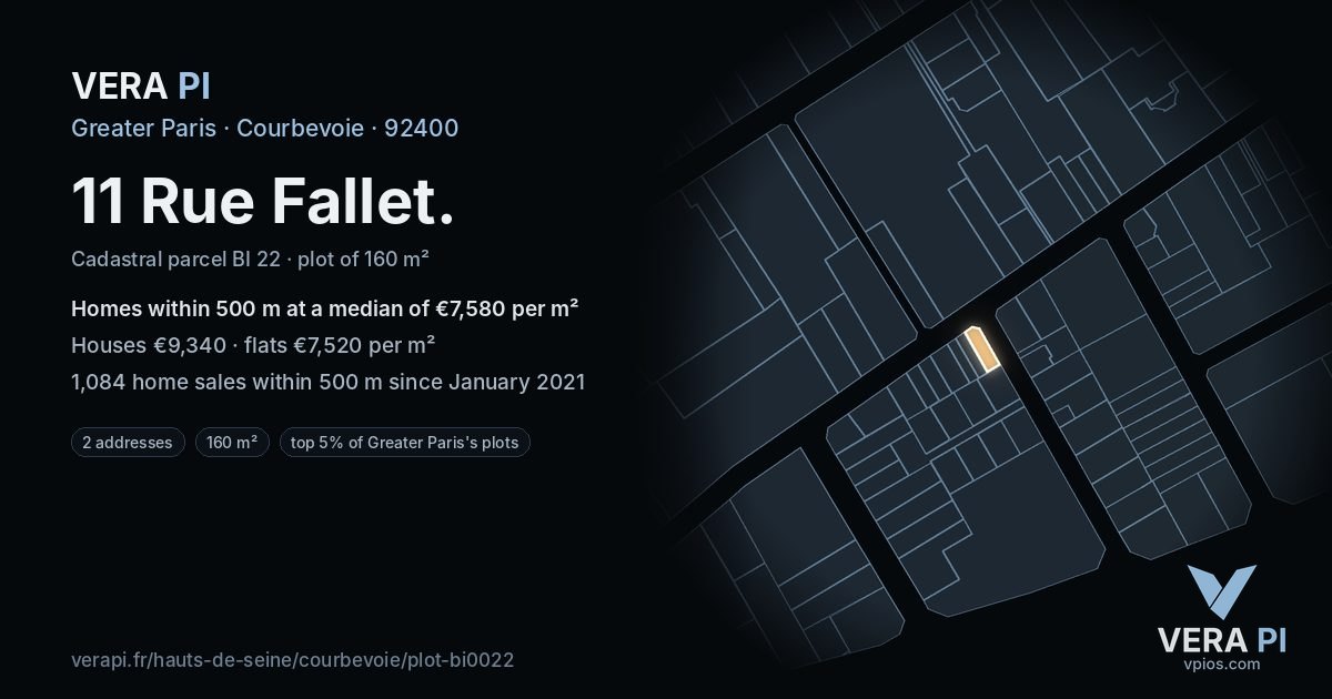 11 Rue Fallet, Courbevoie at night – the plot lit, the parcels around coloured by the prices near them