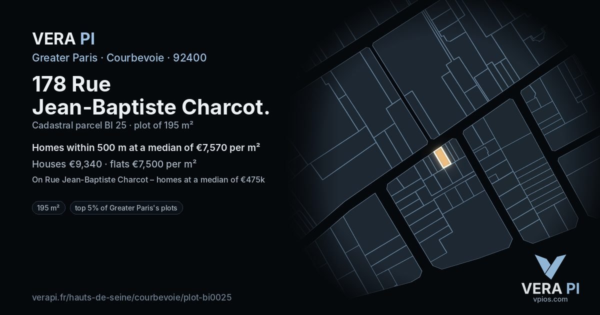 178 Rue Jean-Baptiste Charcot, Courbevoie at night – the plot lit, the parcels around coloured by the prices near them