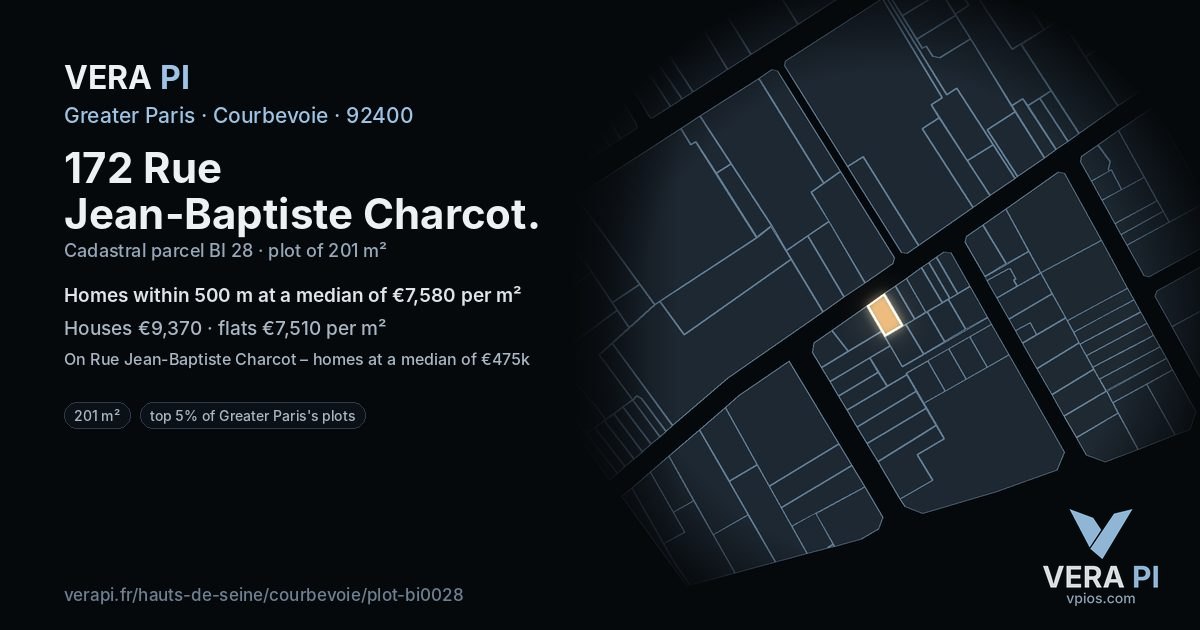 172 Rue Jean-Baptiste Charcot, Courbevoie at night – the plot lit, the parcels around coloured by the prices near them