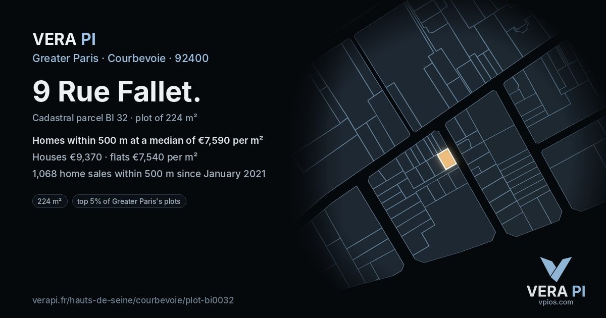 9 Rue Fallet, Courbevoie at night – the plot lit, the parcels around coloured by the prices near them