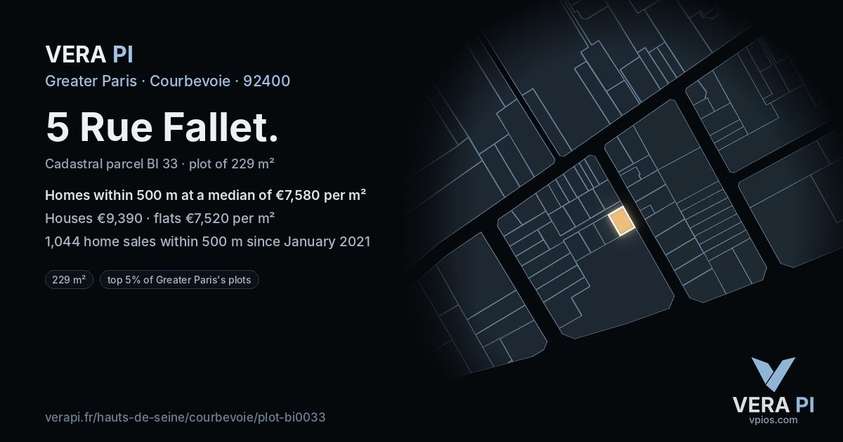 5 Rue Fallet, Courbevoie at night – the plot lit, the parcels around coloured by the prices near them