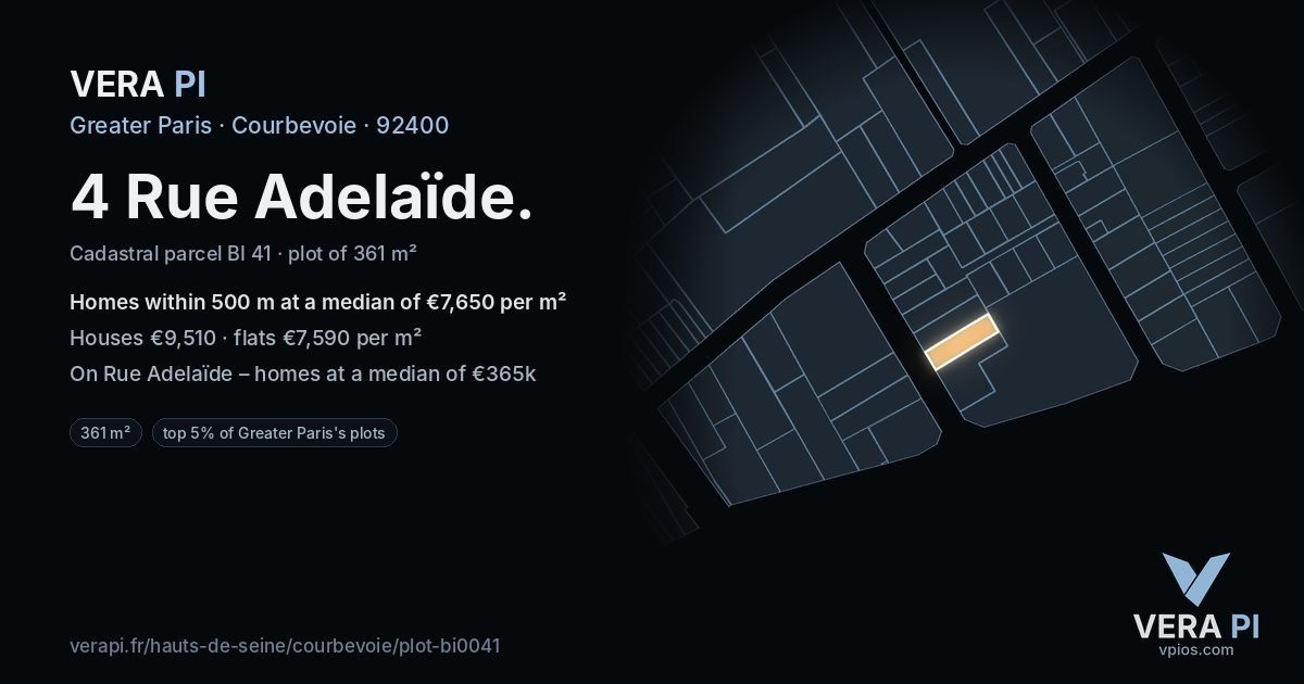 4 Rue Adelaïde, Courbevoie at night – the plot lit, the parcels around coloured by the prices near them