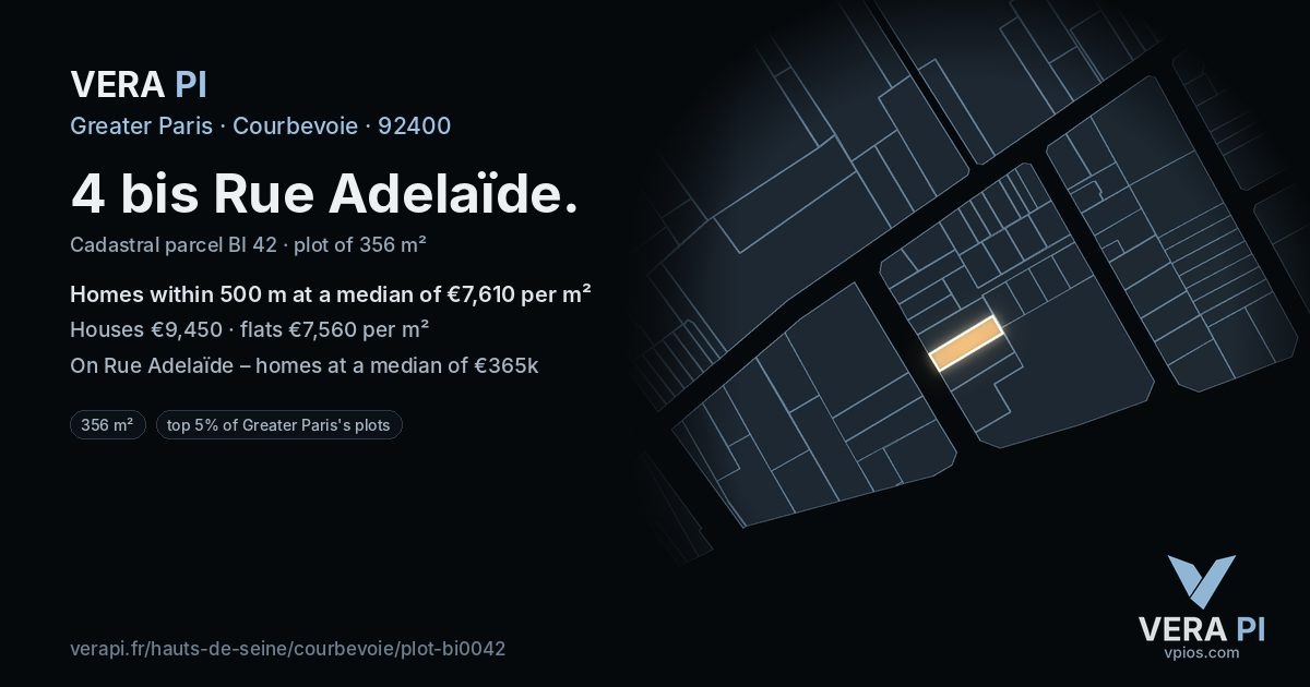 4 bis Rue Adelaïde, Courbevoie at night – the plot lit, the parcels around coloured by the prices near them